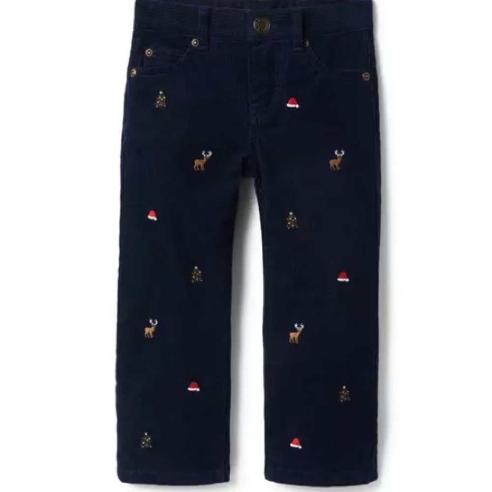 Janie and Jack Navy Corduroy Pants with Holiday Embroidery